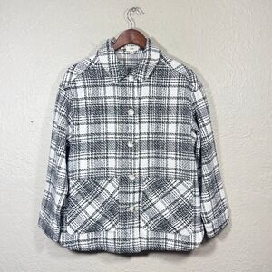 Ott Shacket Shirt Jacket S/M Plaid Black White Fuzzy Knit Buttons Preppy Neutral